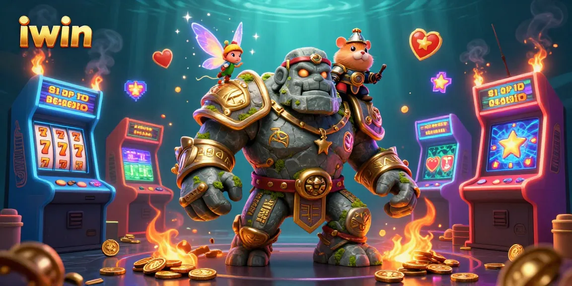Engage with iwin’s enchanting slot adventure featuring a golem, fairy, and hamster knight amidst vibrant gaming elements.