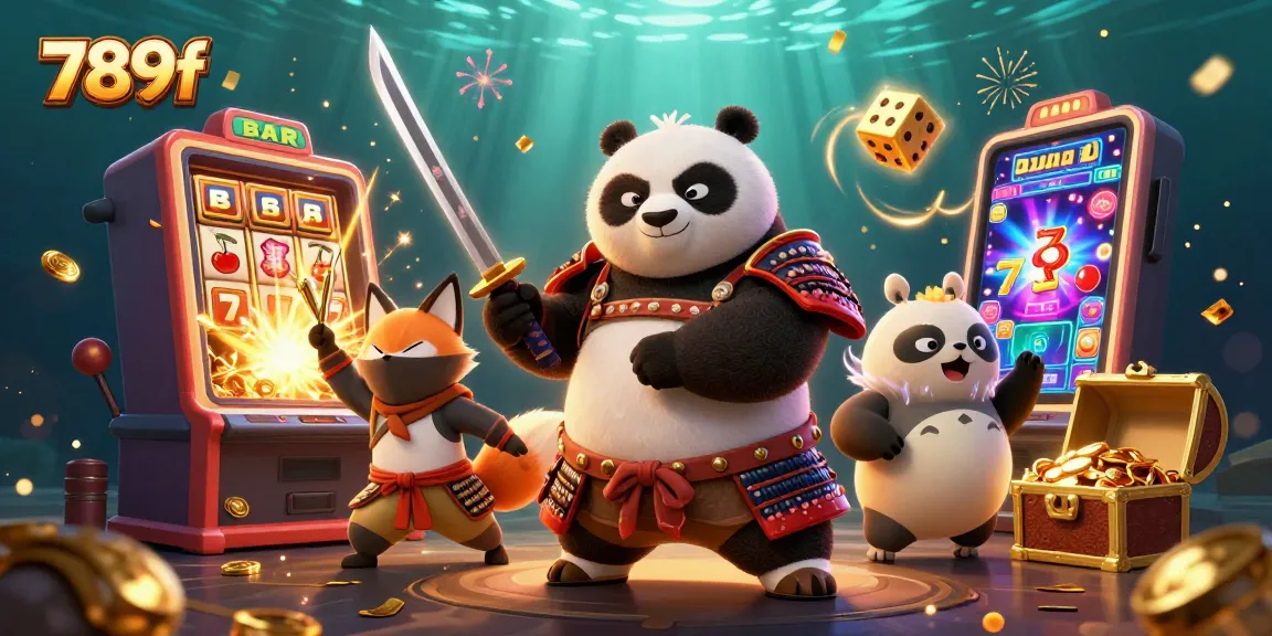 Engage with the dynamic gambling scene of 789f, featuring samurai panda and ninja fox in action.