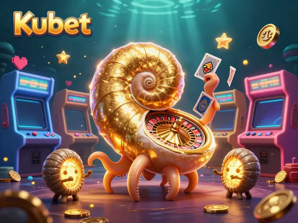 Kubet captives players with an engaging scene of a giant nautilus and glowing ammonites amidst vibrant casino games, inviting wins.