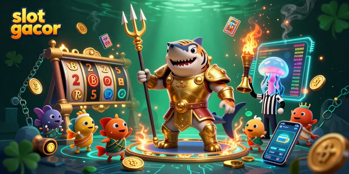 Experience the vibrant underwater casino with a fierce tiger shark as "slot gacor" illuminates the scene amid coins and jackpots.