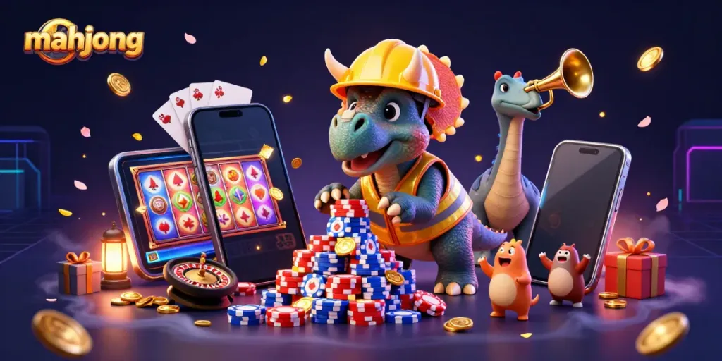 Permainan mahjong dengan slot yang menguntungkan dan simbol keberuntungan sedang dibangun dalam ilustrasi 3D menarik.
