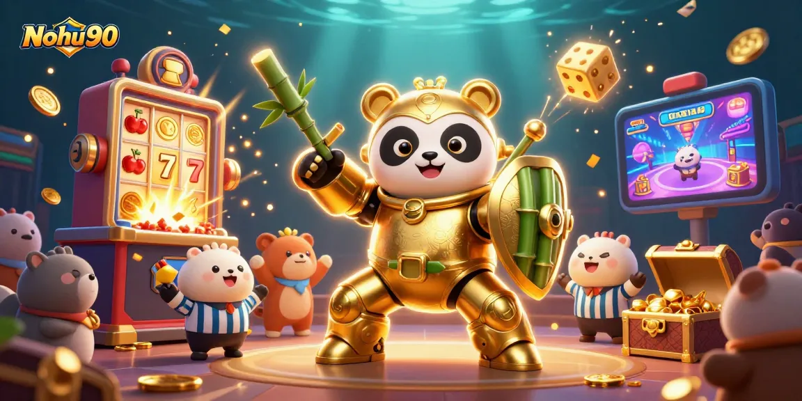 Nohu90 showcases a thrilling jackpot explosion with golden panda & colorful casino elements.
