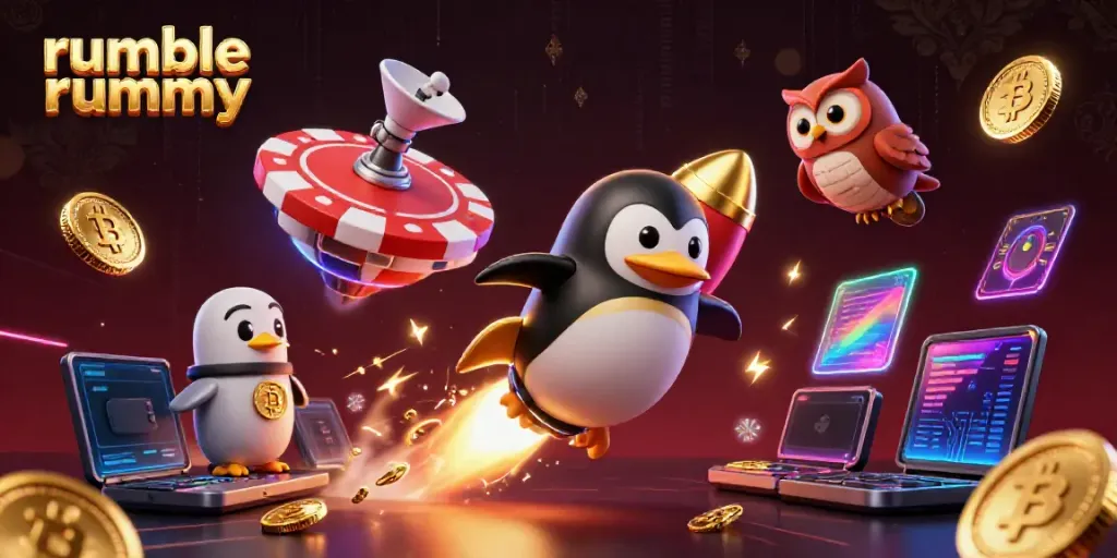 Play exciting Rumble Rummy with a golden penguin blasting through space, surrounded by glowing coins.