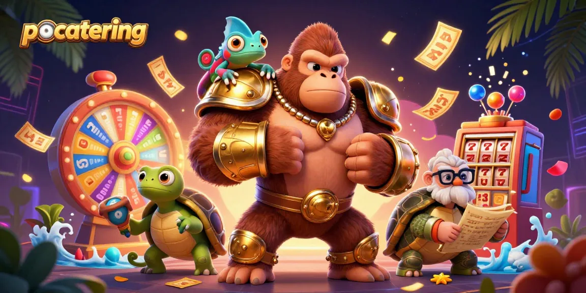Pocatering menggabungkan raja gorila bertenaga dan elemen slot berwarna-warni dalam ilustrasi 3D yang menarik.