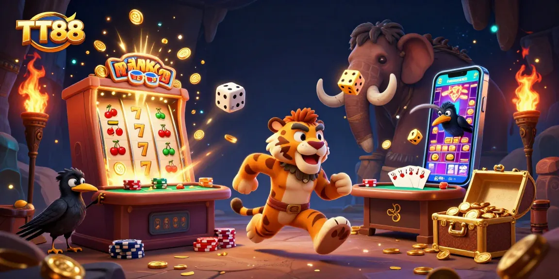 Engage in thrilling action at TT88 with a dynamic prehistoric casino scene featuring vibrant slot machine excitement.