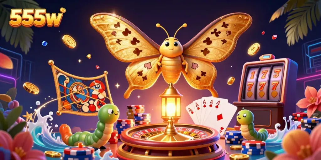 Experience the thrill of 555w with a vibrant 3D casino illustration featuring golden moths and dynamic gaming elements.