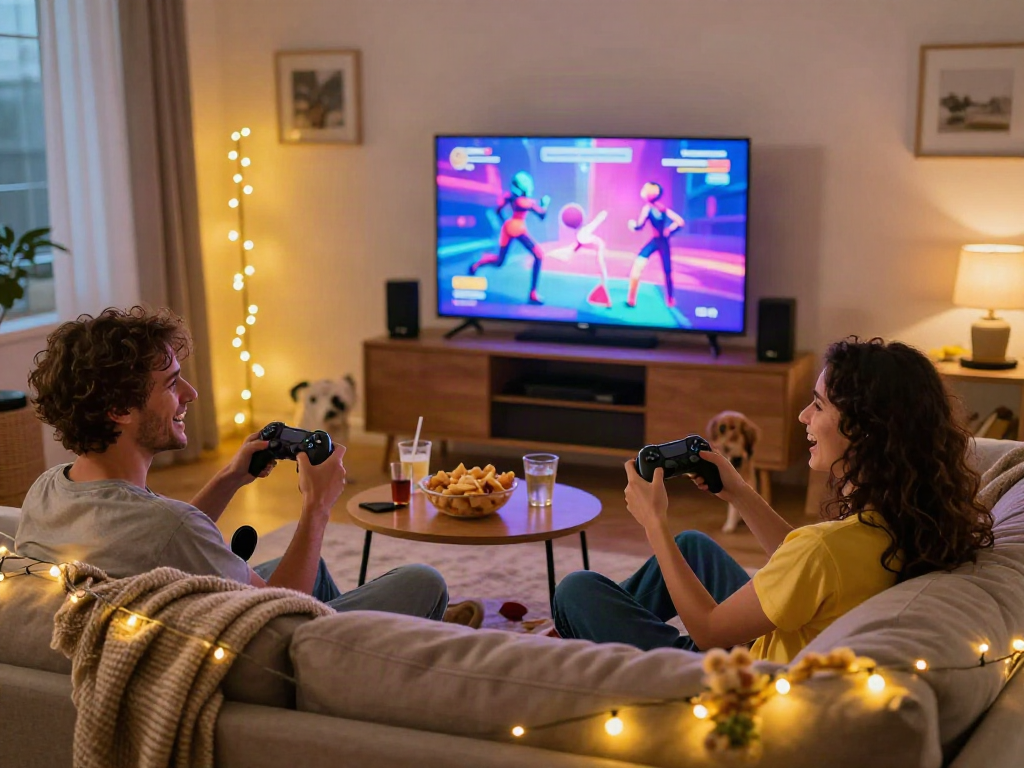 Engaging couple playing sex games in vibrant living room.
