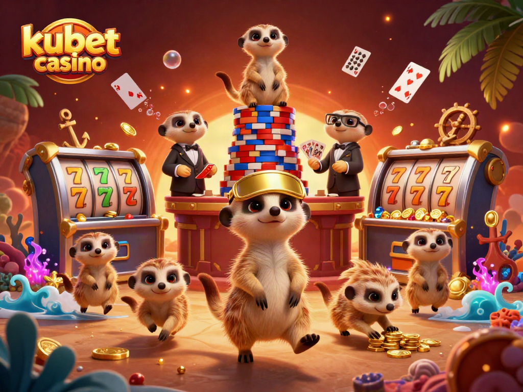 Experience the thrilling kubet casino atmosphere with meerkats managing a vibrant gaming scene.