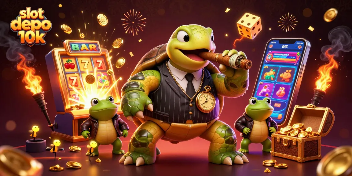Slot depo 10k hadapi jackpot besar sambil memainkan mesin slot dengan karakter unik di casino.