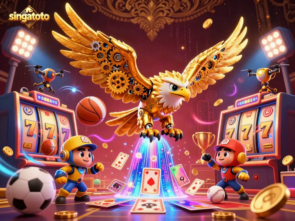 Experience the thrill of singatoto with a dynamic slot machine scene featuring a cybernetic eagle and vibrant casino elements.