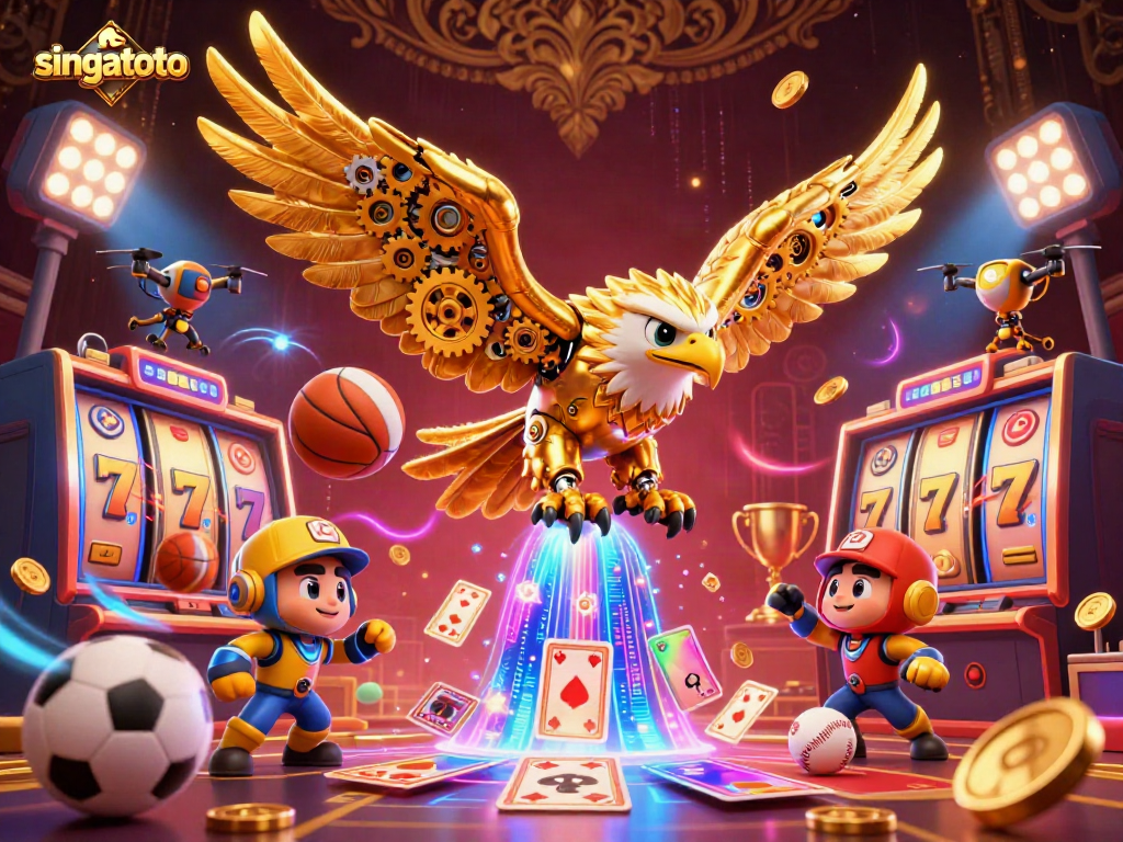Experience the thrill of singatoto with a dynamic slot machine scene featuring a cybernetic eagle and vibrant casino elements.