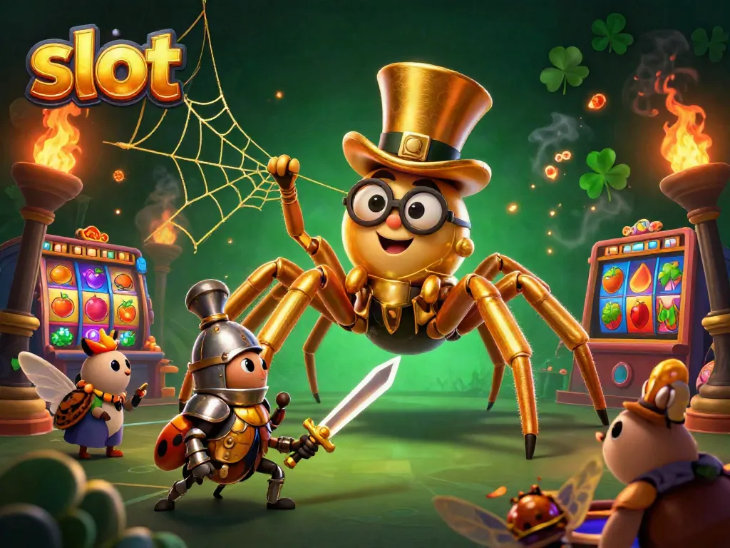 Bermain slot dengan karakter tarantula emas raksasa dan kesatria kecil di kasino yang meriah.