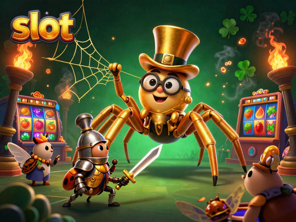 Bermain slot dengan karakter tarantula emas raksasa dan kesatria kecil di kasino yang meriah.