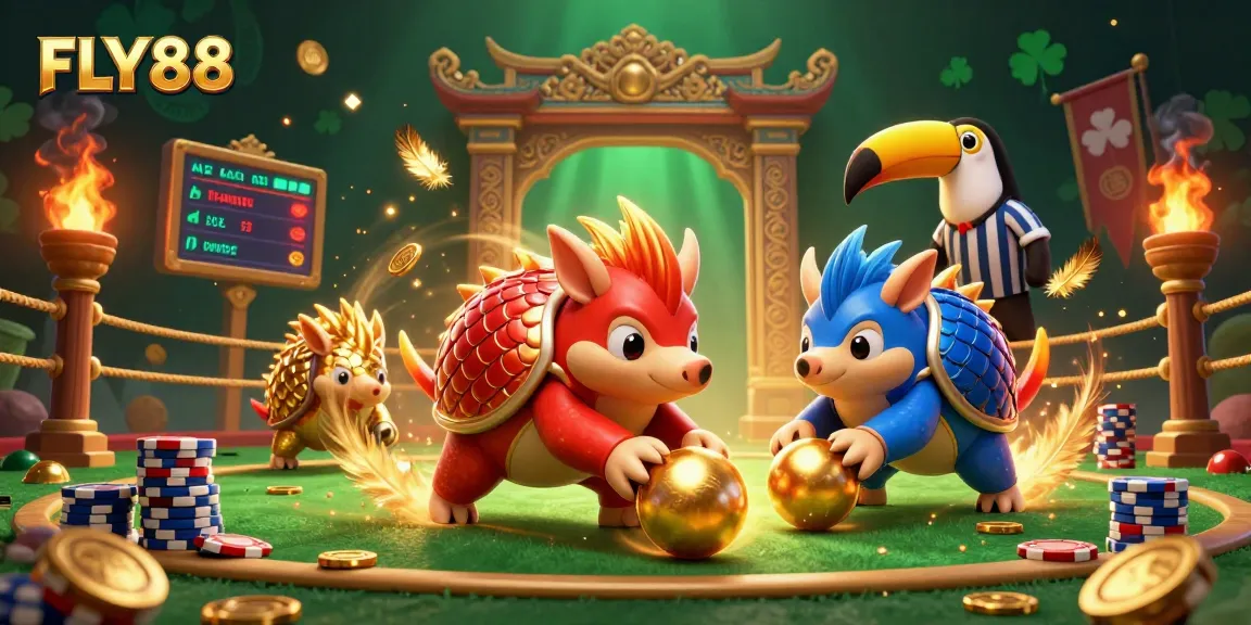 FLY88's thrilling pangolin showdown depicted with vibrant casino elements and dynamic action.