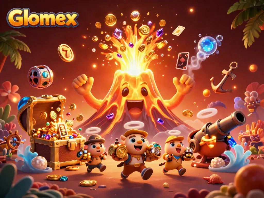 Claim exciting wins with Glomex as the golden volcano erupts treasure amidst lively casino elements.