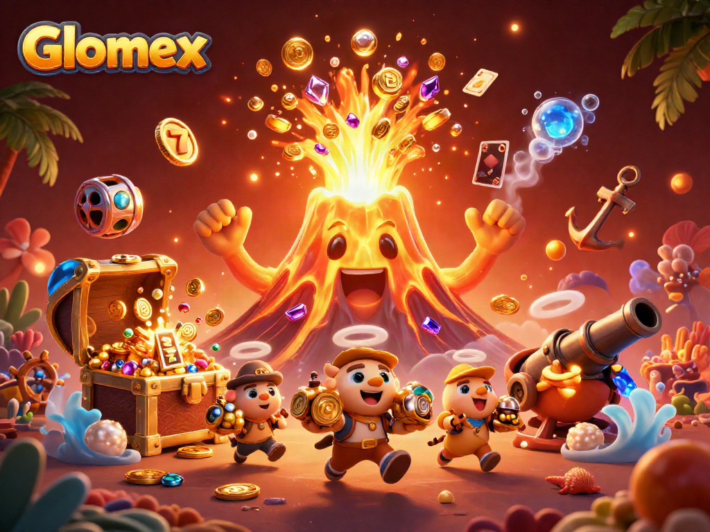Claim exciting wins with Glomex as the golden volcano erupts treasure amidst lively casino elements.