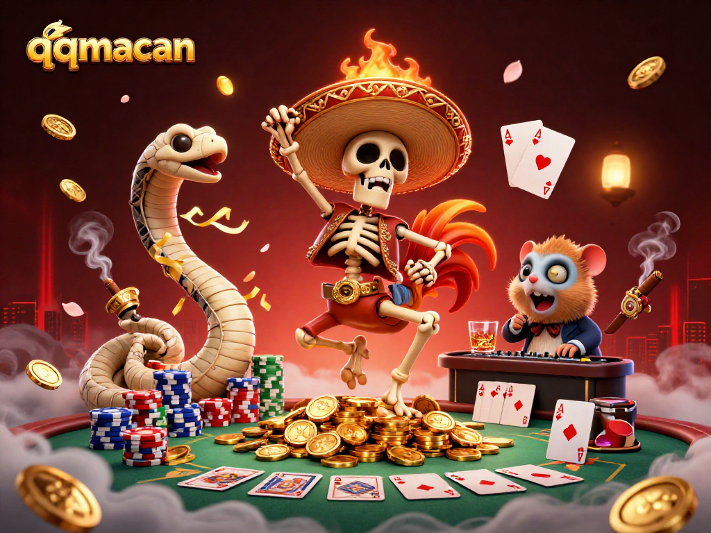 Win big with qqmacan at a lively casino scene with vibrant characters and poker elements.