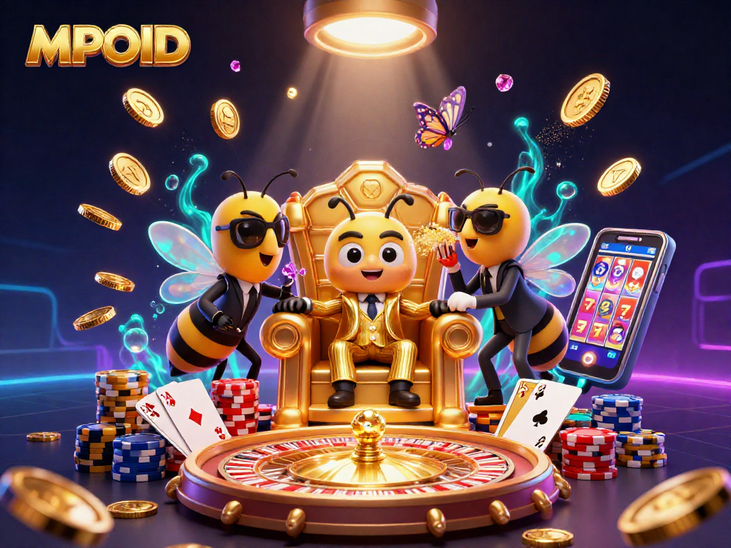 Engage with the MPOID lottery experience amidst a vibrant 3D casino wonderland filled with treasures.