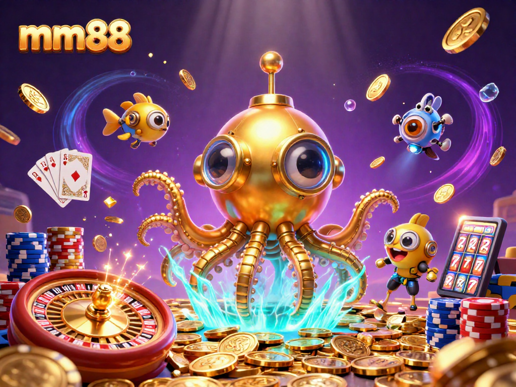 Spin the reels at mm88 with a thrilling scene of a kraken submarine amidst golden coins and excitement.