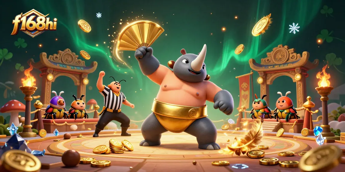 Experience thrilling gaming action at f168hi featuring a beetle champion amidst gold coins and dynamic elements.
