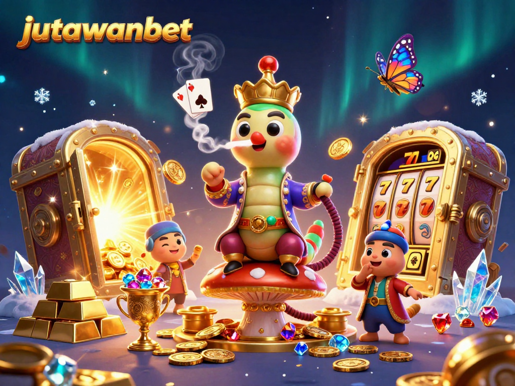 Play slots at jutawanbet, where a whimsical caterpillar and treasure await in a vibrant casino scene.