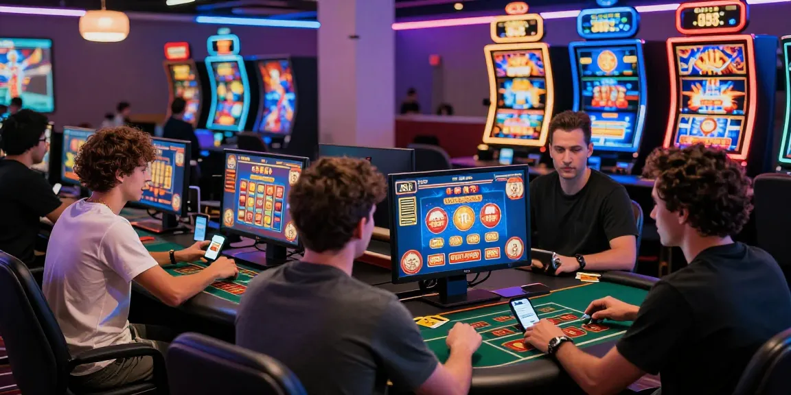Players engaged in lively online casino gameplay at desks, emphasizing casinos that accept credit cards with visible payment methods.