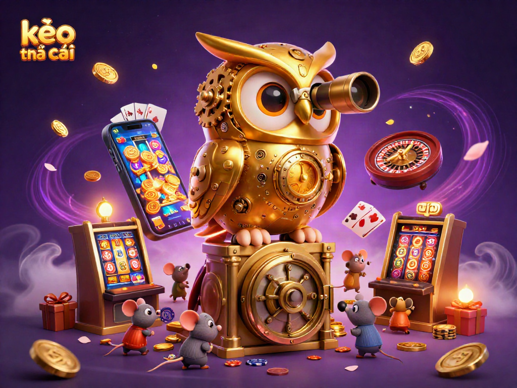 Wagering on kèo nhà cái illustrated by a golden owl surveying a vibrant casino with active slot machines.
