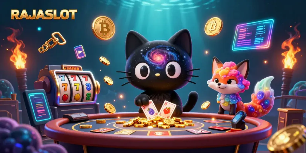 RAJASLOT menampilkan pengalaman bermain slot yang menarik dengan elemen slot berkilauan dan karakter unik.