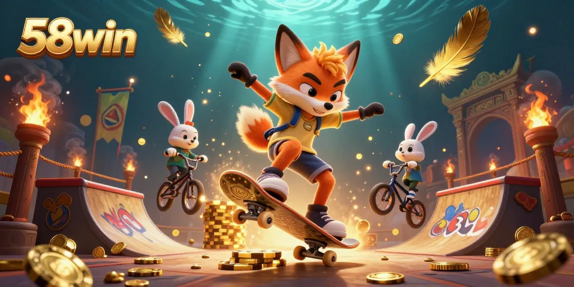 Experience thrilling action in 58win with a fox performing tricks over golden poker chips amidst vibrant casino elements.