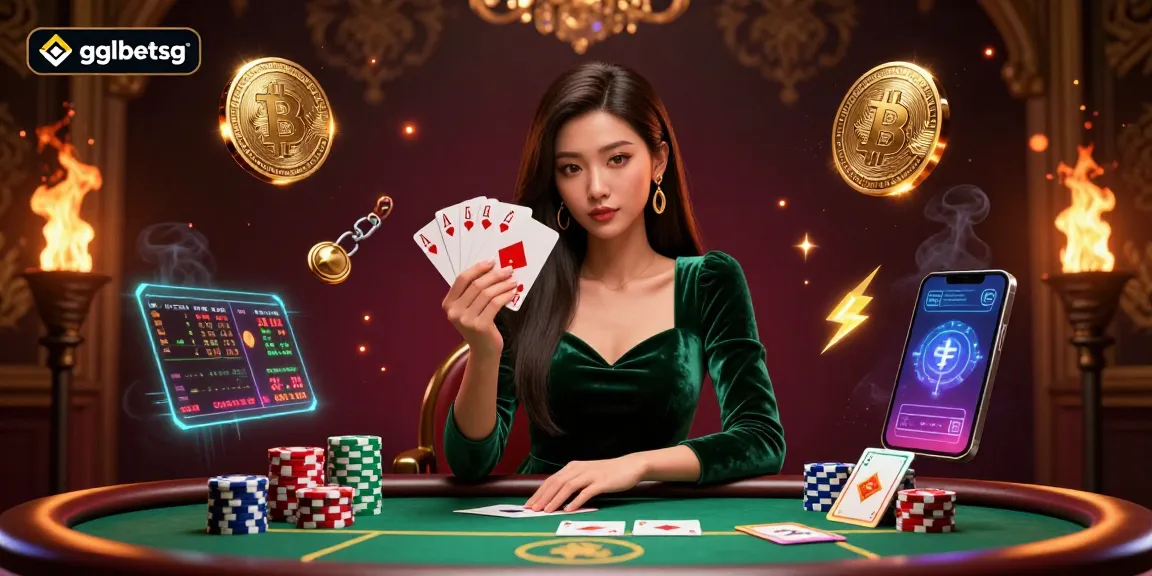 Place bets with gglbetsg at an exciting poker table surrounded by Bitcoin and Ethereum coins.