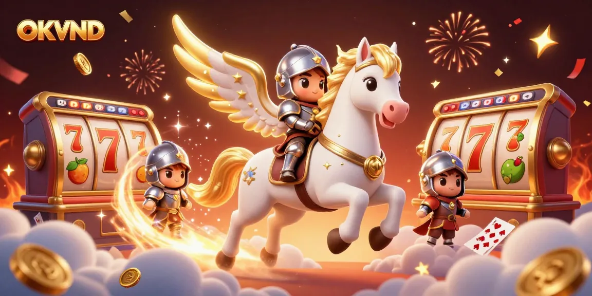 Experience exciting gameplay at OKVND with a vibrant casino scene featuring a celestial horse and thrilling slot elements.