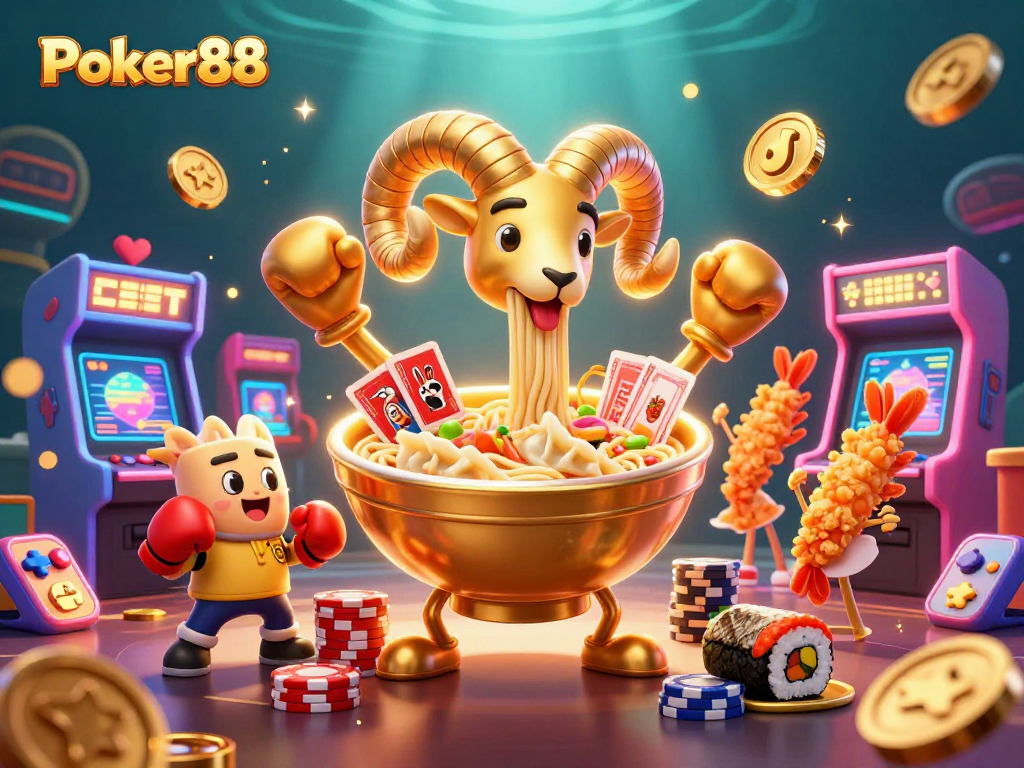 Experience Poker88 with a vibrant scene of playful characters and dynamic casino elements.