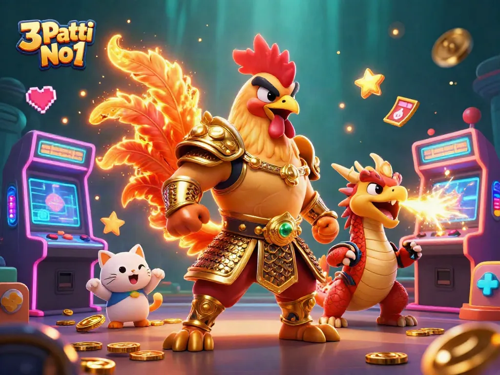 Experience the action of 3 Patti No1 with a fighting rooster warrior, a dragon hatchling, and gaming elements in a vibrant casino scene.