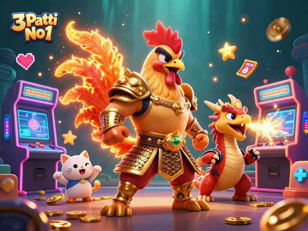 Experience the action of 3 Patti No1 with a fighting rooster warrior, a dragon hatchling, and gaming elements in a vibrant casino scene.