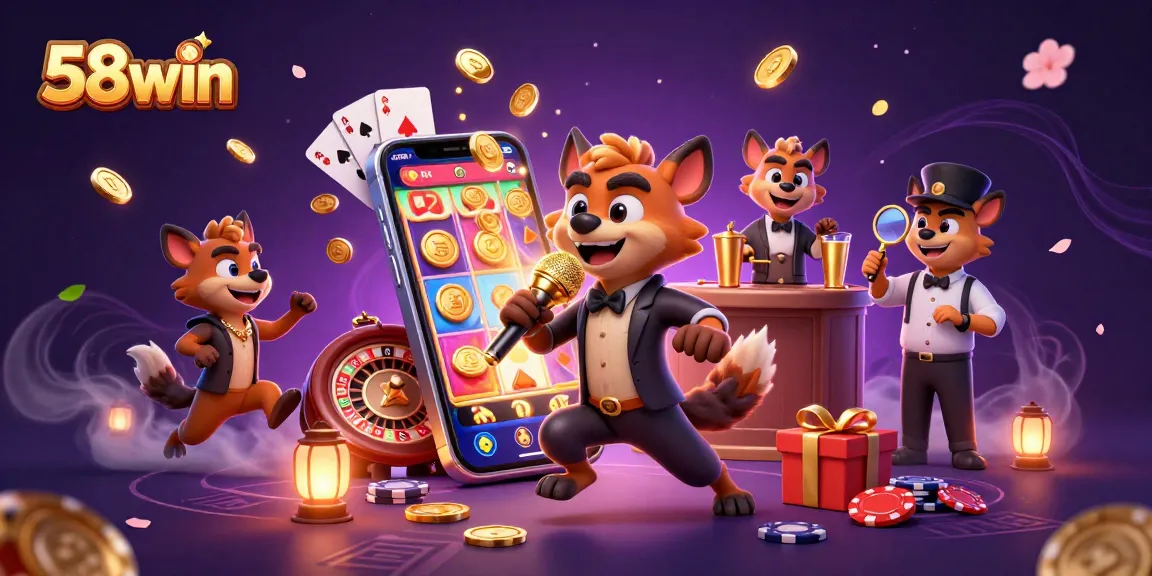 58win cartoon hyenas running a vibrant casino scene with dynamic gaming elements.