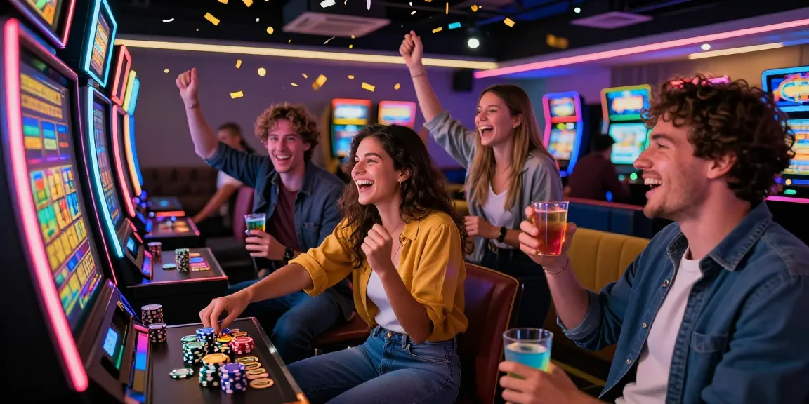 Friends celebrating around a slot depo 10k machine in a lively gaming venue.