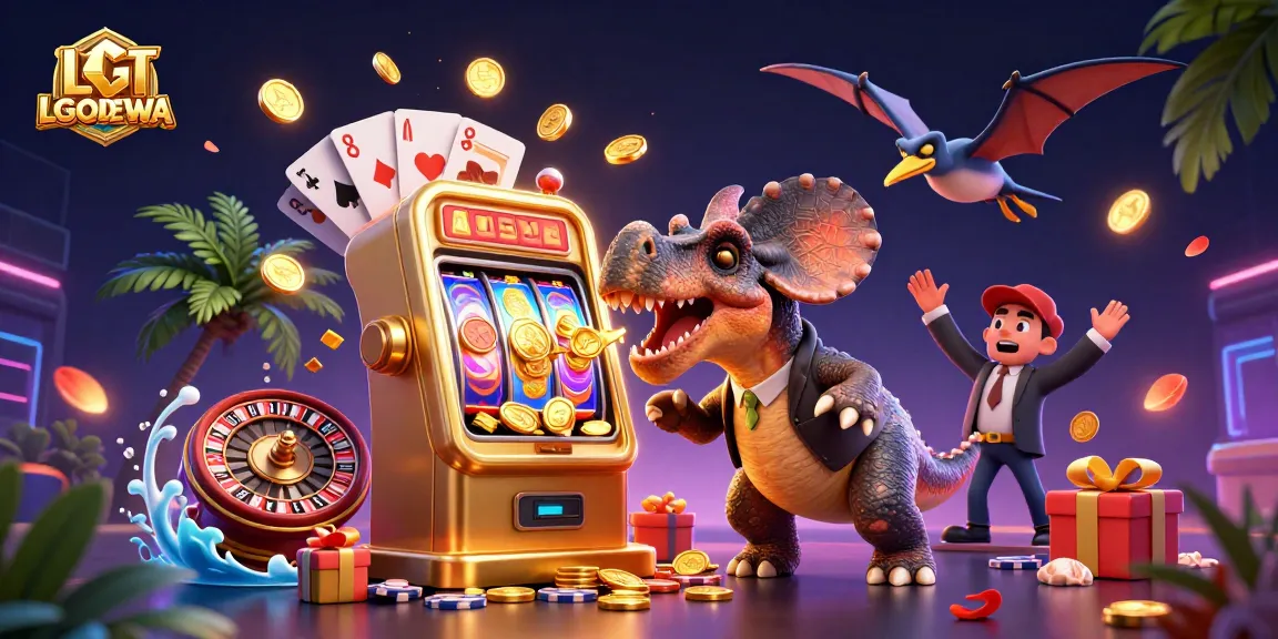 LGODEWA showcases a cartoon dinosaur winning jackpots at a lively slot machine amidst flying coins and vibrant casino elements.