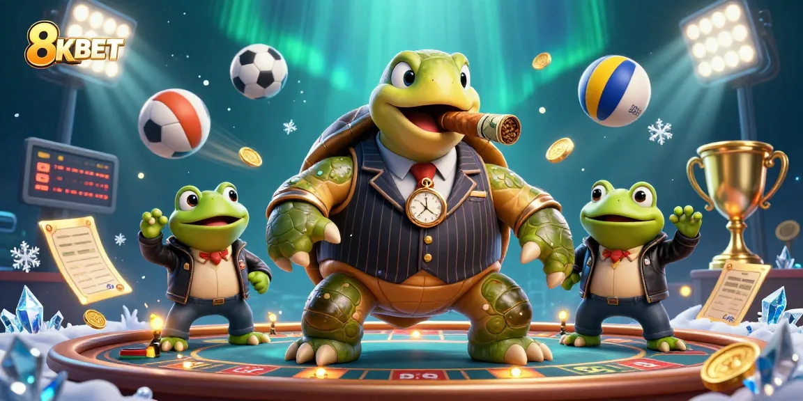 Engage with 8KBET's vibrant casino atmosphere featuring cartoon turtle and bullfrog enforcers.