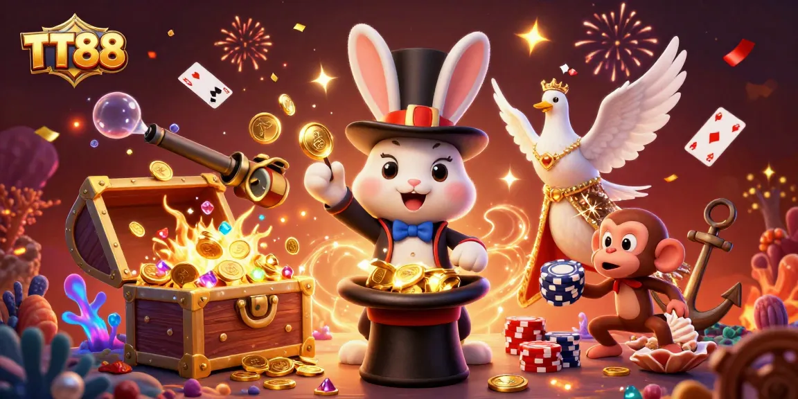 Win big with TT88 as a magician rabbit enchants with golden coins, surrounded by a dove and monkey!