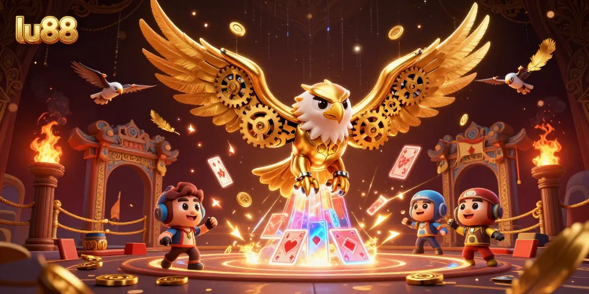 Experience the thrill of lu88 as a golden eagle dives through holographic cards in an epic casino scene.
