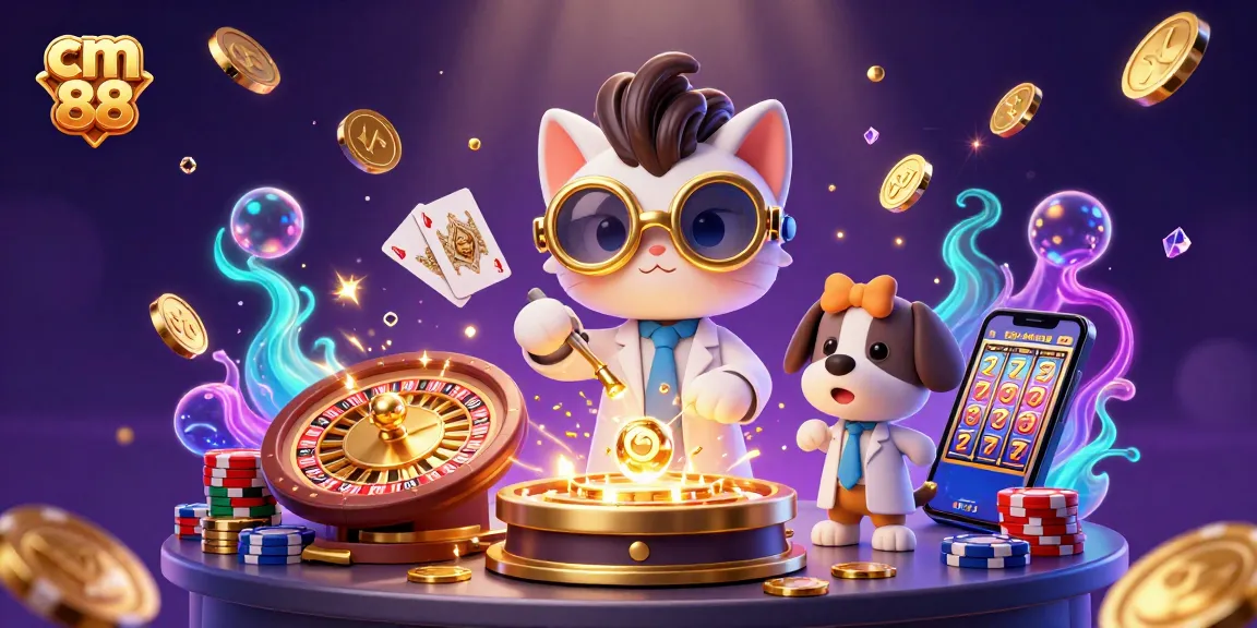 Experience the thrill of cm 88 with a vibrant 3D illustration of casino games and science magic.