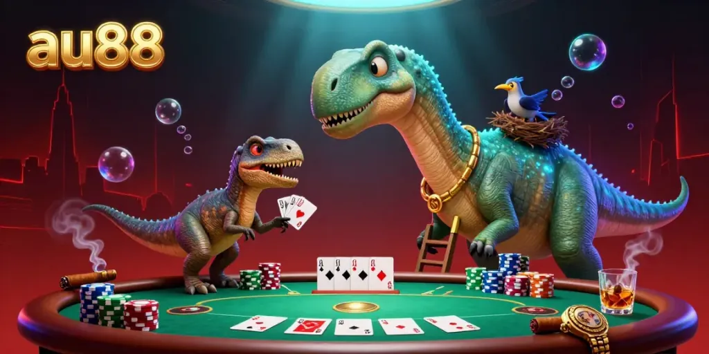 Experience the vibrant world of au88 with a playful casino scene featuring a giant brontosaurus and clever raptor.