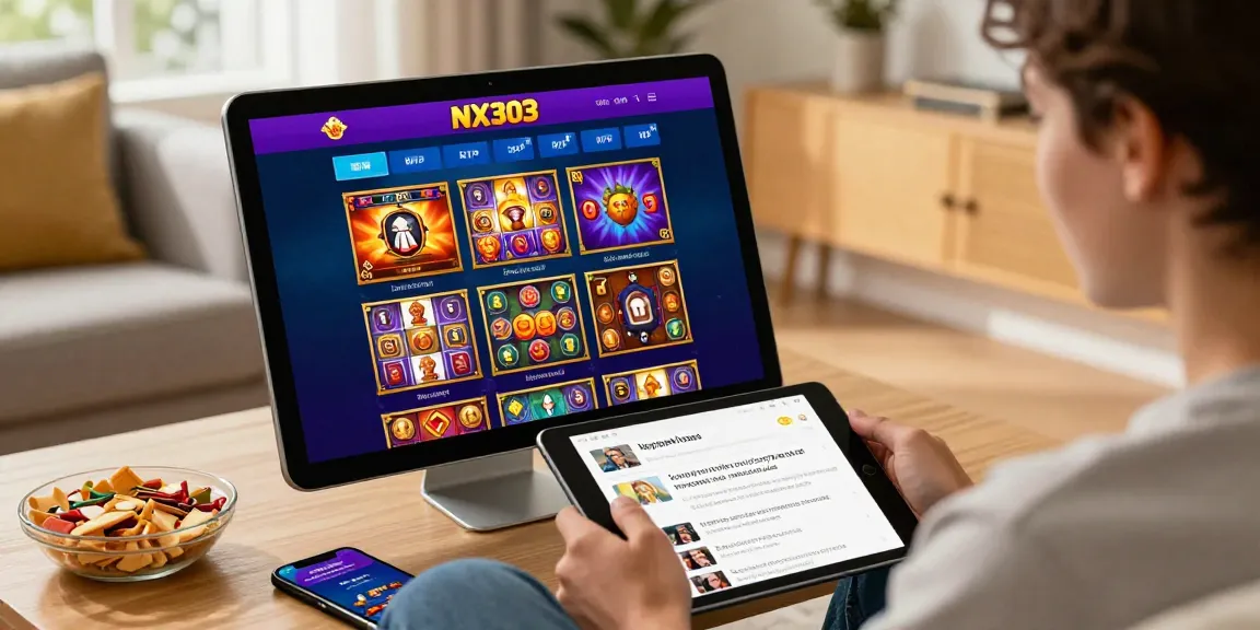 Engaging NX303 online gaming experience featuring a user interacting with a tablet in a cozy living room setting.