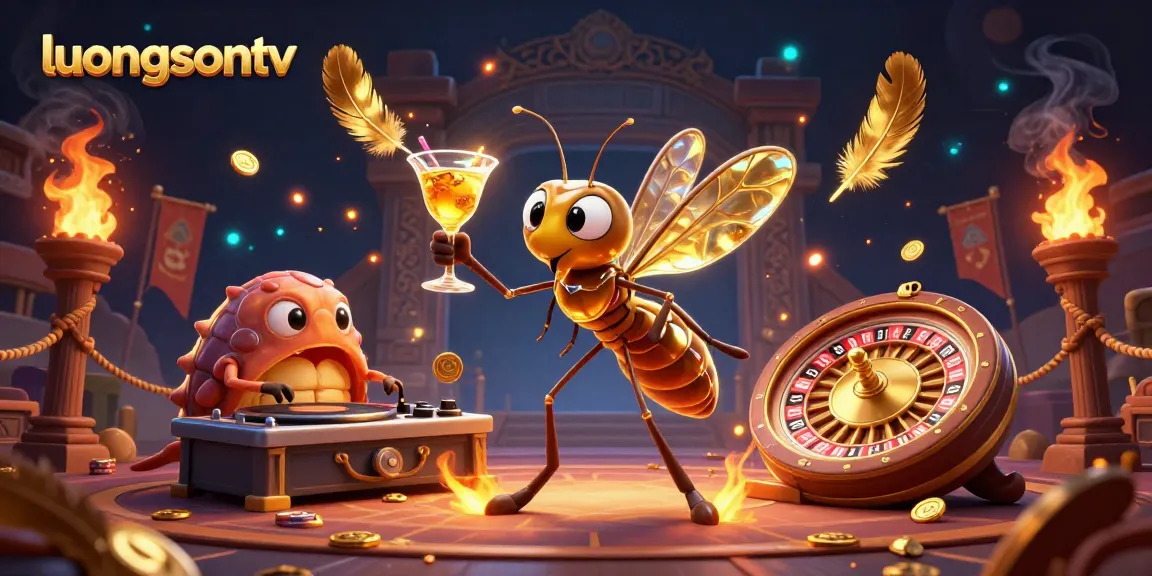 luongsontv features vibrant 3D characters in a lively casino illustration, showcasing excitement with gold accents.