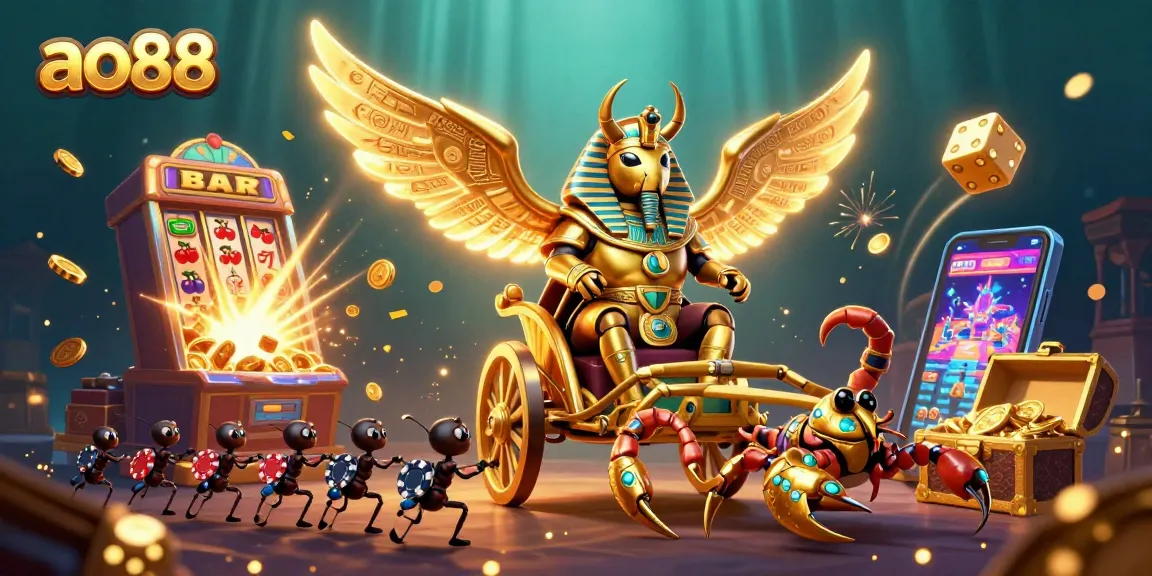Experience the thrills of ao88 with a dynamic scene of golden scarabs, jackpot slots, and casino gaming elements.