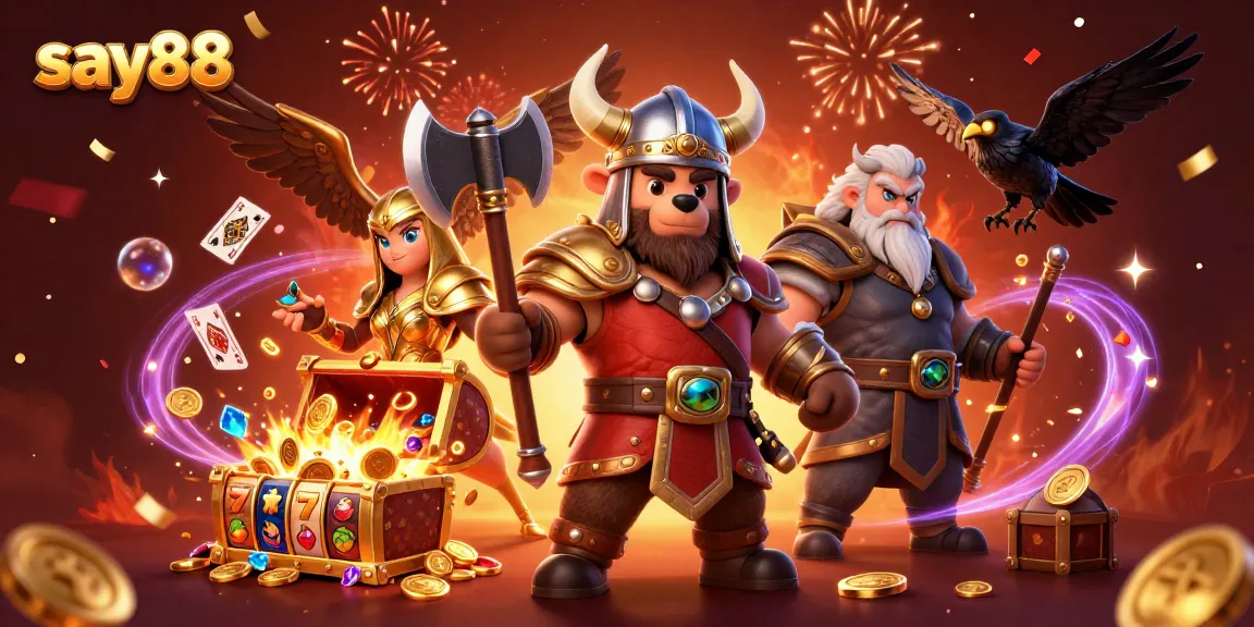 Engage with exciting gaming action at say88, featuring a dynamic 3D casino scene filled with treasures and energetic characters.