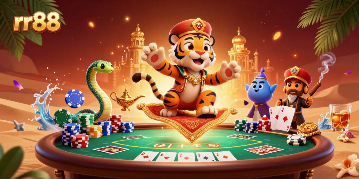 Experience the excitement of rr88 online gambling with a vibrant casino scene featuring a tiger sultan and poker elements.
