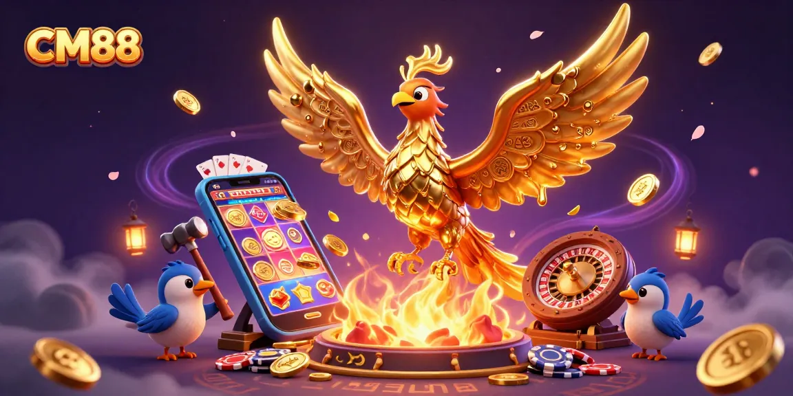 CM88's dynamic casino scene with a molten phoenix, slot game elements, and rich details.