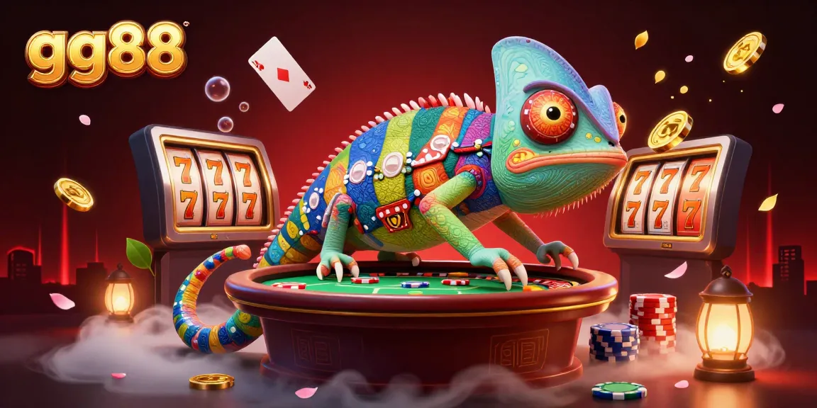 Engage with gg88's vibrant casino world featuring a chameleon owner and exciting slot reels.