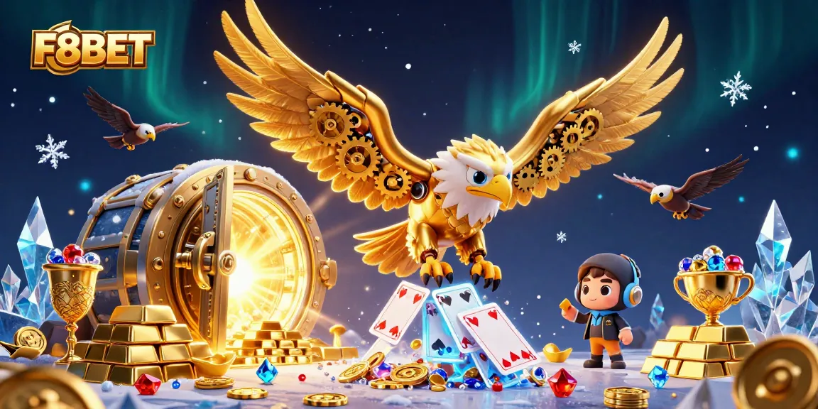 F8BET offers thrilling gameplay with a 3D golden eagle amidst cascading cards and treasure.